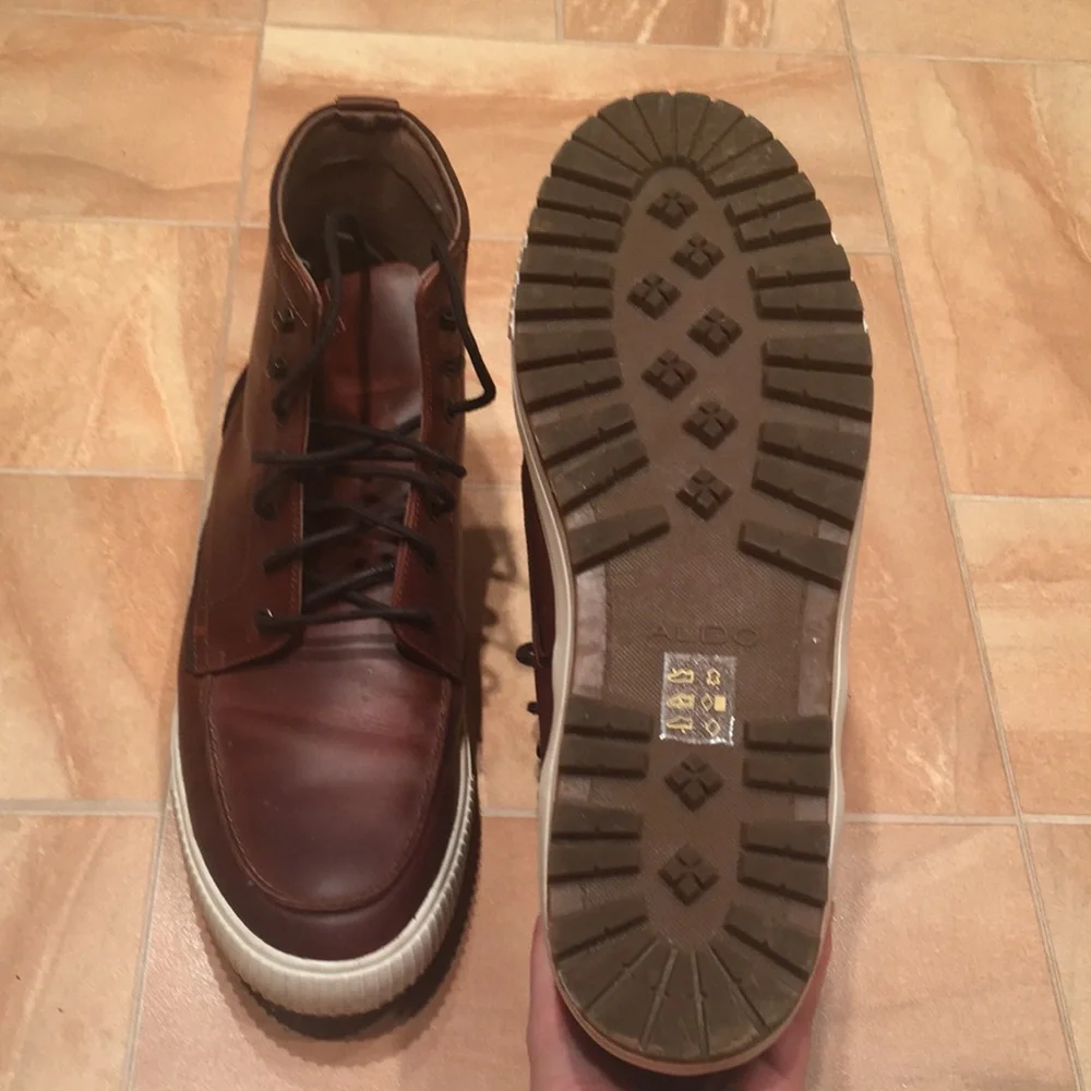 Aldo Men’s Copper Brown Leather Chunky Lace Up Rubber Boots